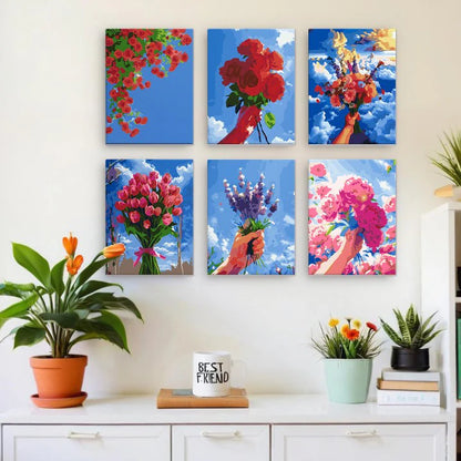 Coffret “Fleurs au ciel” – 6 peintures par numéro