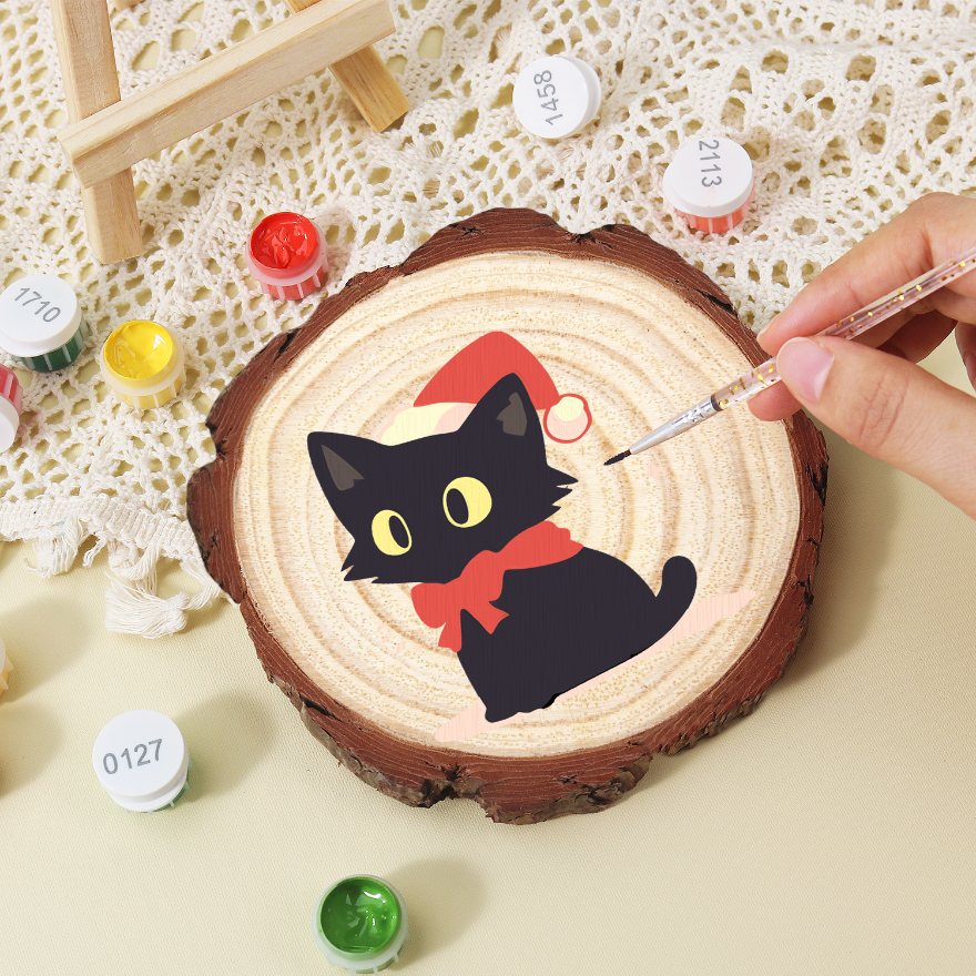 Rondelle de bois à peindre par numéro Chaton au Bonnet de Noël, vue 8, Maison Artsen