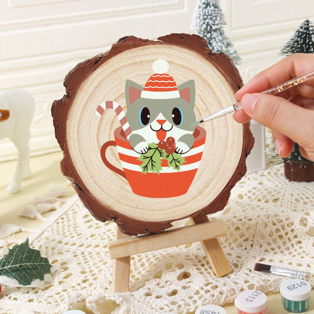 Rondelle de bois à peindre par numéro Chaton dans sa Tasse, vue 4, Maison Artsen