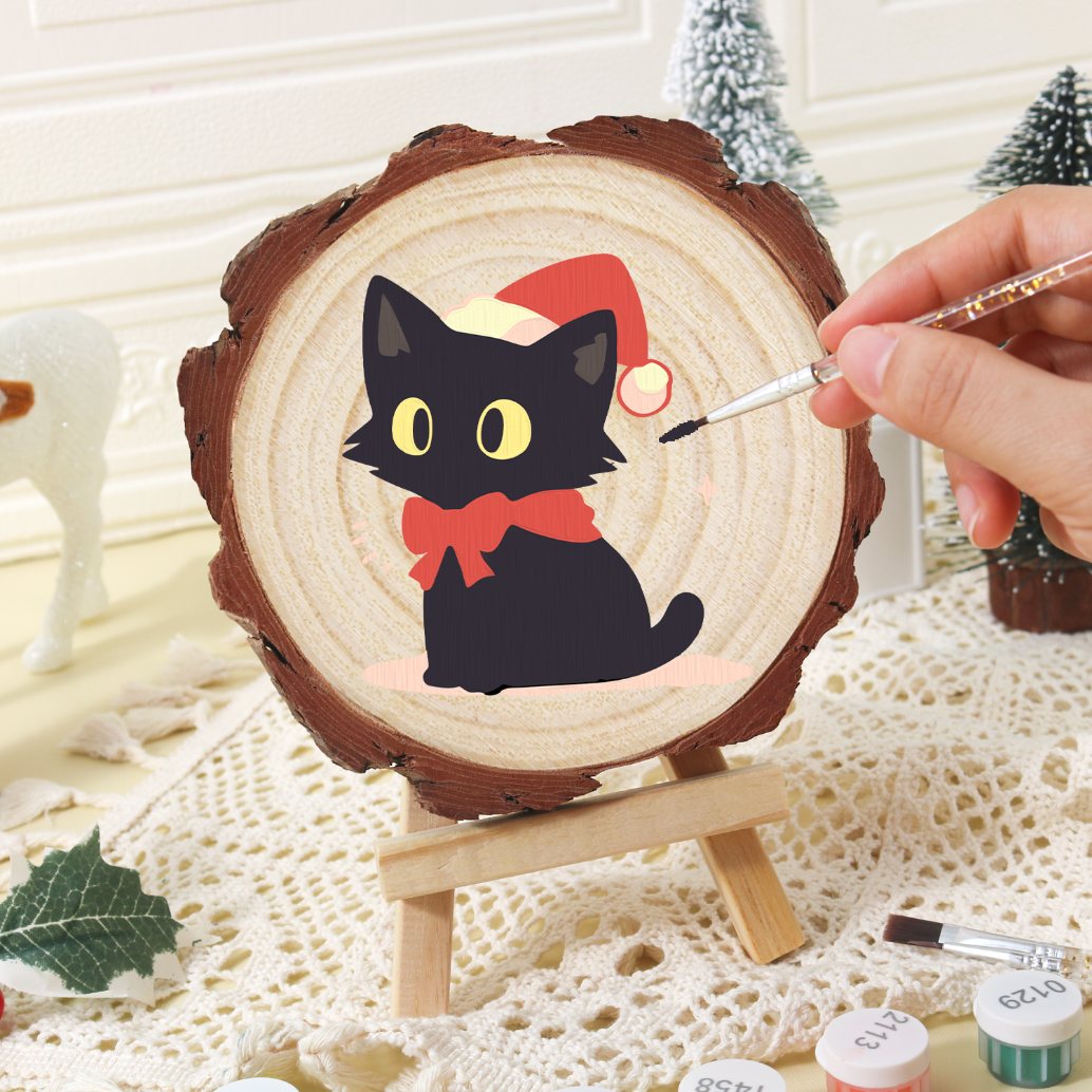 Rondelle de bois à peindre par numéro Chaton au Bonnet de Noël, vue 5, Maison Artsen
