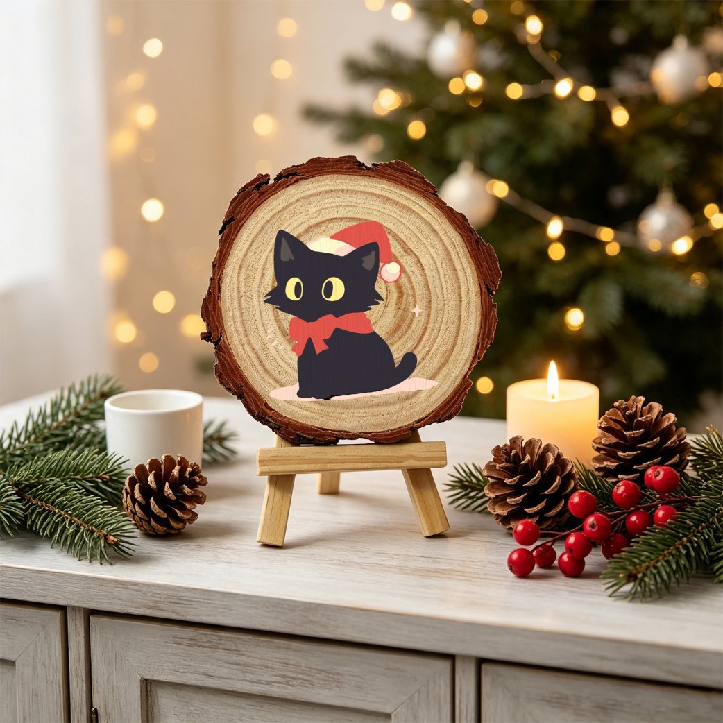 Rondelle de bois à peindre par numéro Chaton au Bonnet de Noël, vue 3, Maison Artsen