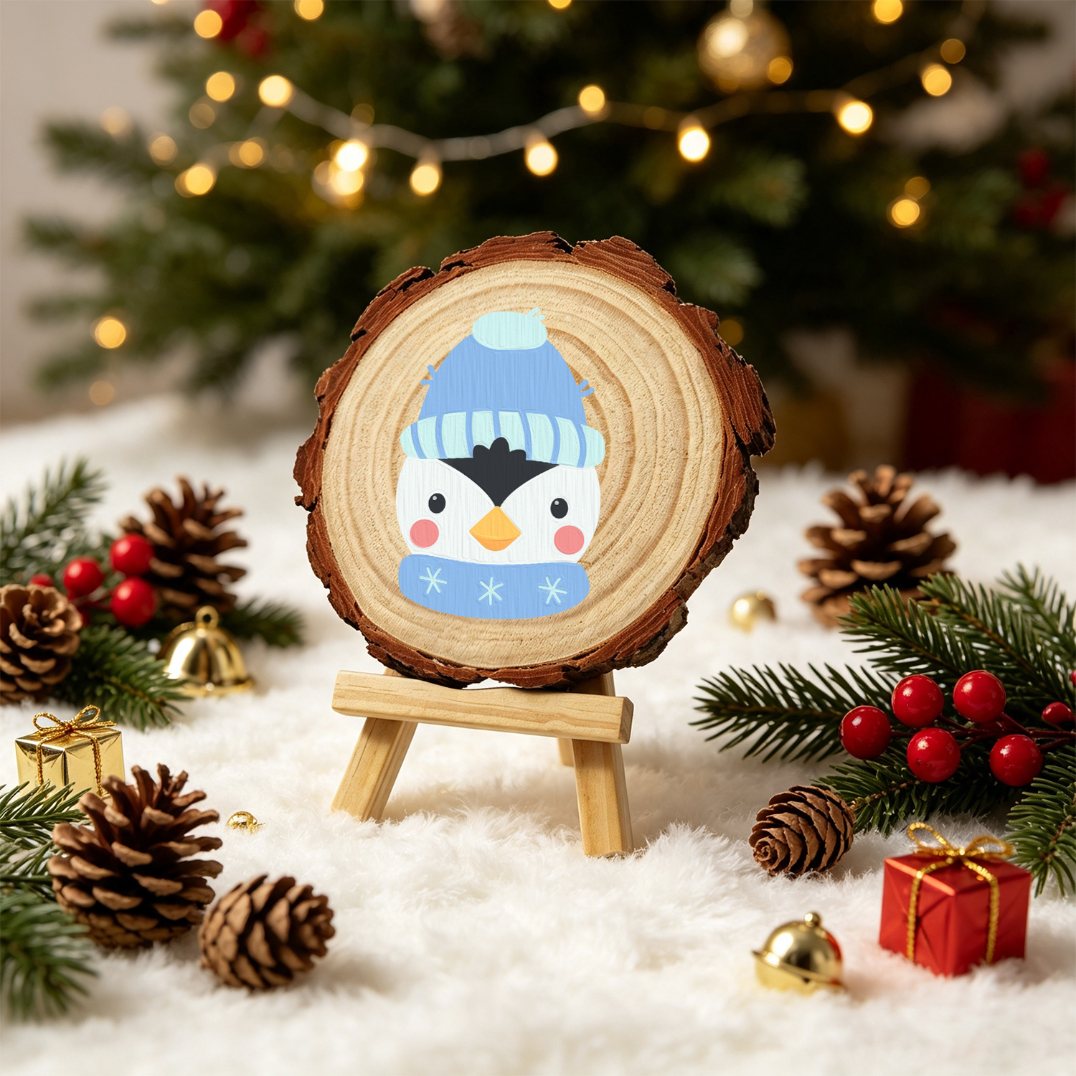 Rondelle de bois à peindre par numéro Petit Pingouin d'Hiver, vue 3, Maison Artsen