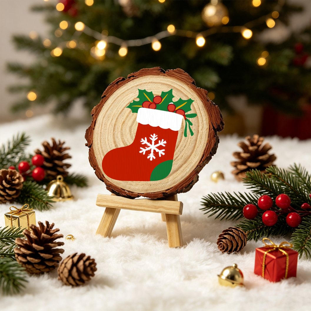 Rondelle de bois à peindre par numéro Chaussette de Noël au Houx, vue 2, Maison Artsen