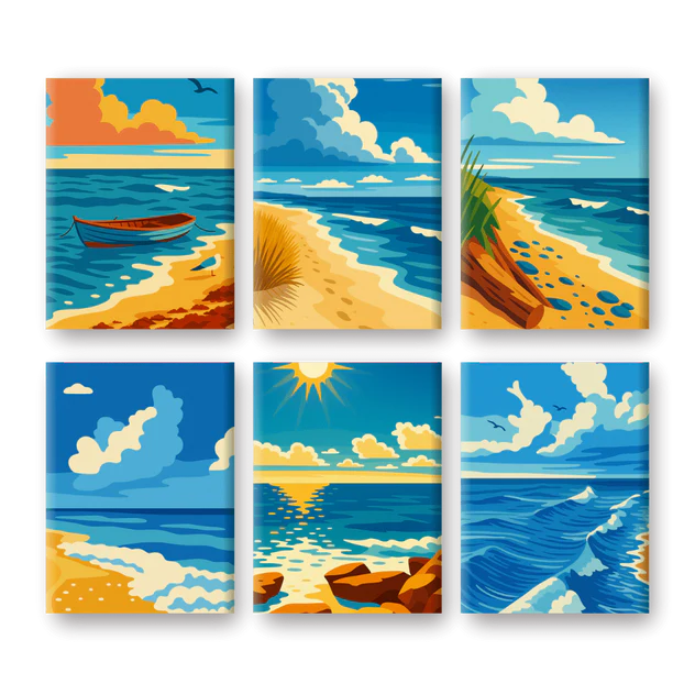 Coffret 6 peintures par numéro Ile déserte – sur le thème des îles paradisiaques – Maison Artsen