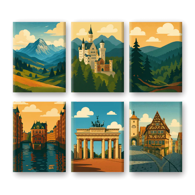 Coffret 6 peintures par numéro Paysages d'Allemagne – entre paysages et scènes urbaines – Maison Artsen