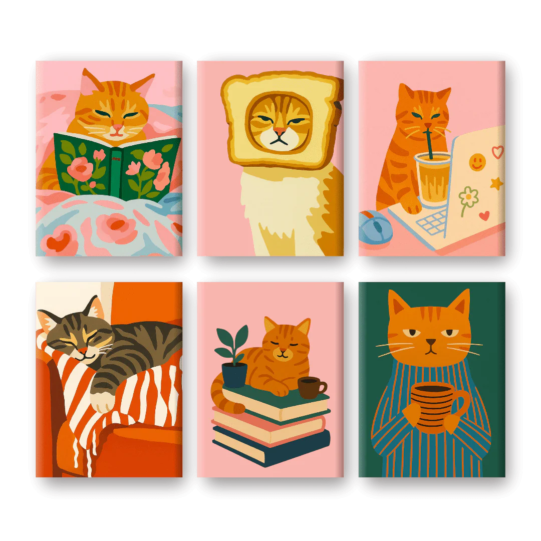 Coffret 6 peintures par numéro Chat Cocooning – sur le thème des animaux – Maison Artsen