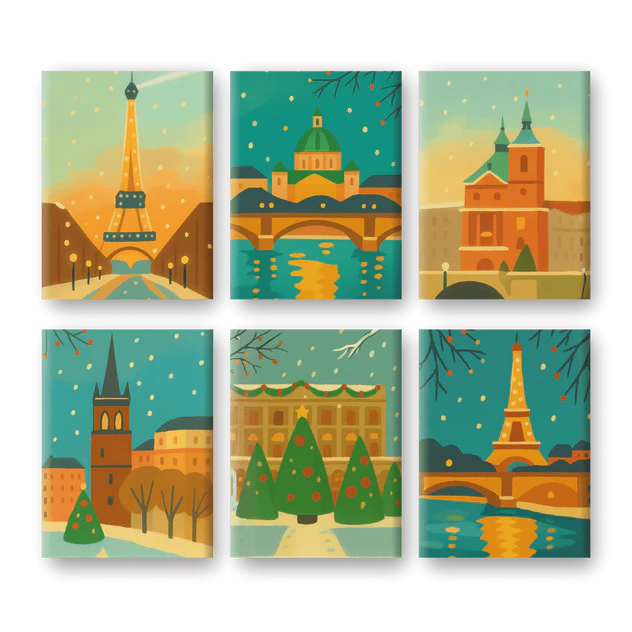Coffret 6 peintures par numéro Paris à Noël – inspiré de scènes urbaines – Maison Artsen
