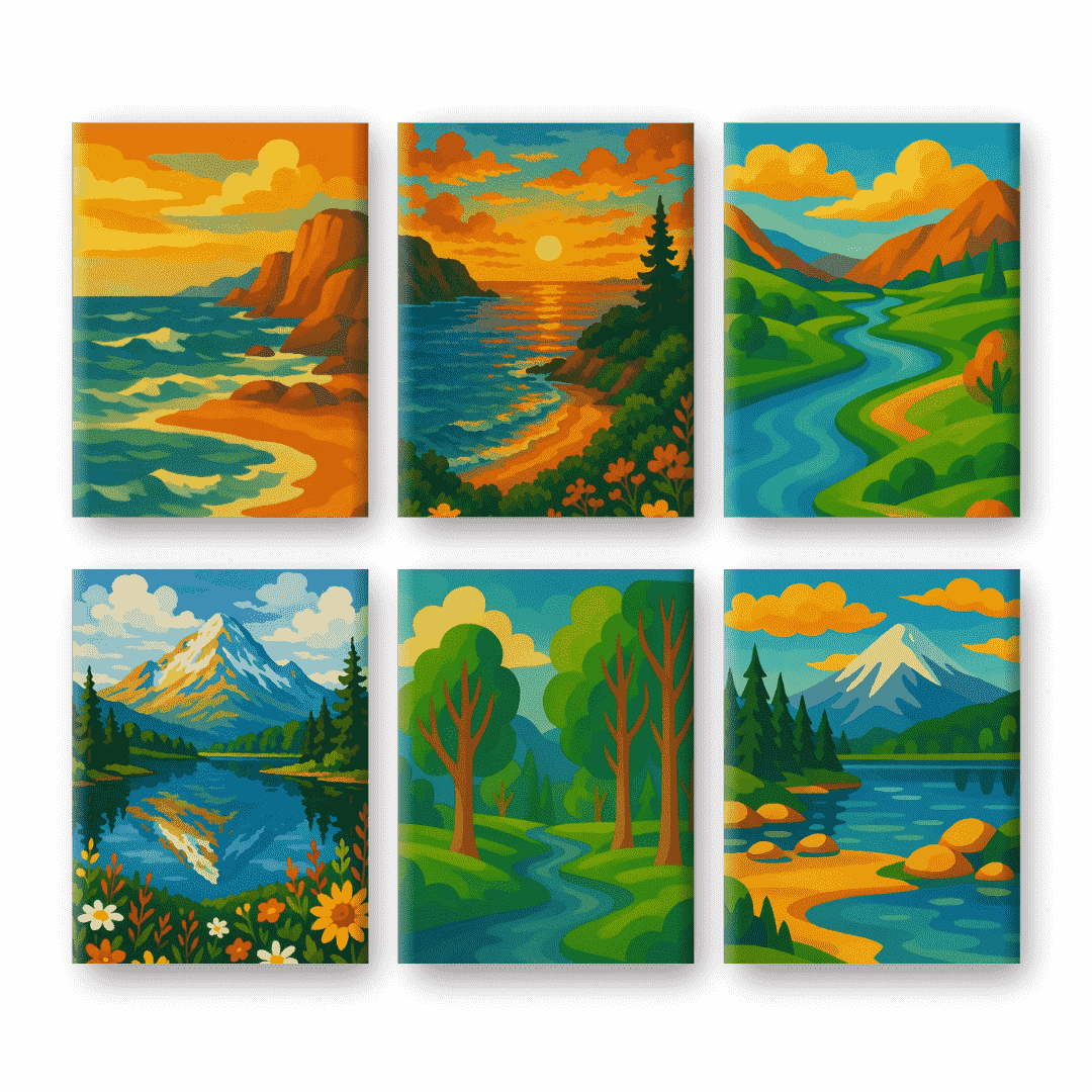 Coffret 6 peintures par numéro Magnifiques Paysages – aux paysages grandioses – Maison Artsen