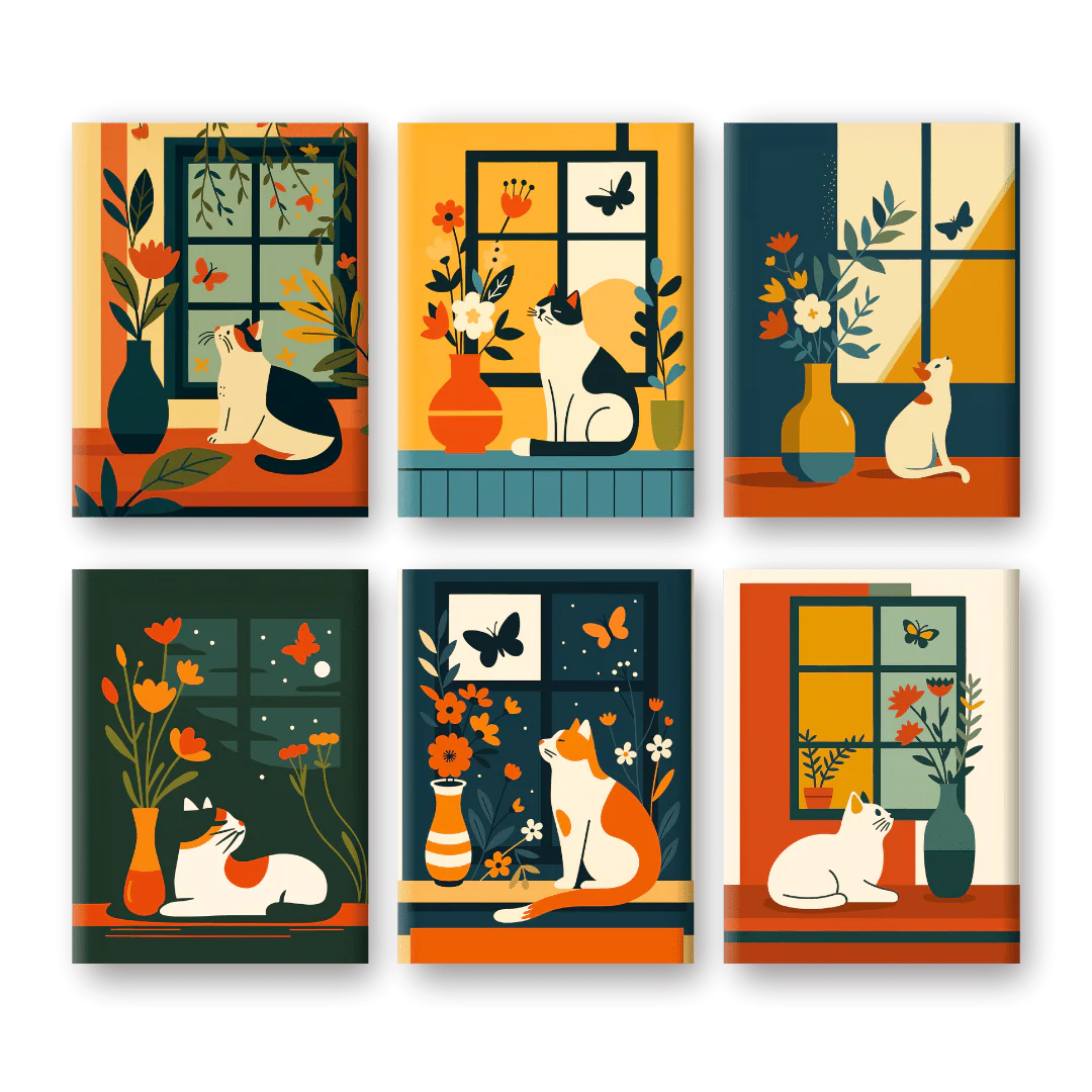 Coffret 6 peintures par numéro Chats à la fenêtre – sur le thème des animaux – Maison Artsen