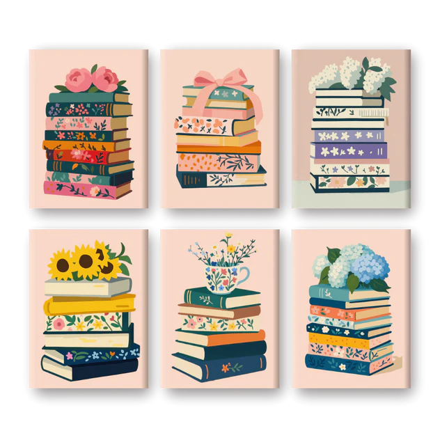 Coffret 6 peintures par numéro Livres & Fleurs – sur le thème des livres et des fleurs – Maison Artsen