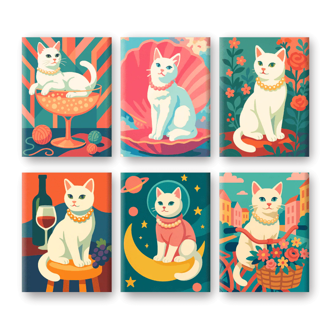 Coffret 6 peintures par numéro Madame Chat – sur le thème des chats élégants – Maison Artsen