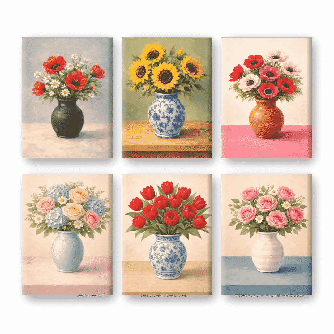 Coffret 6 peintures par numéro Bouquets Floraux – sur le thème des fleurs – Maison Artsen