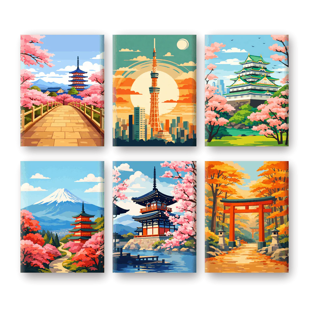 Coffret 6 peintures par numéro Japon – entre paysages et scènes urbaines – Maison Artsen