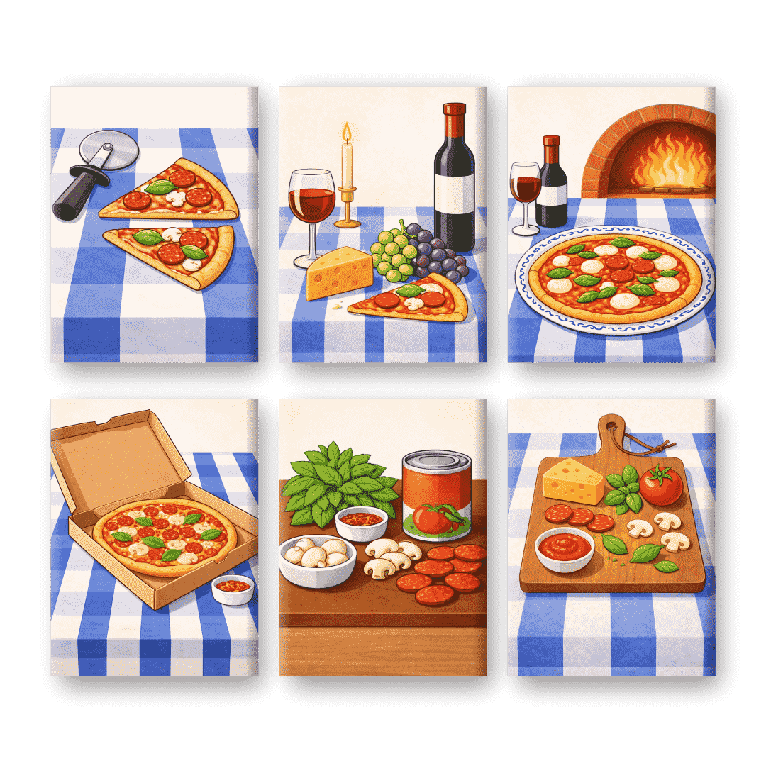 Coffret 6 peintures par numéro Soirée Pizza – sur le thème de la pizza et des soirées conviviales – Maison Artsen