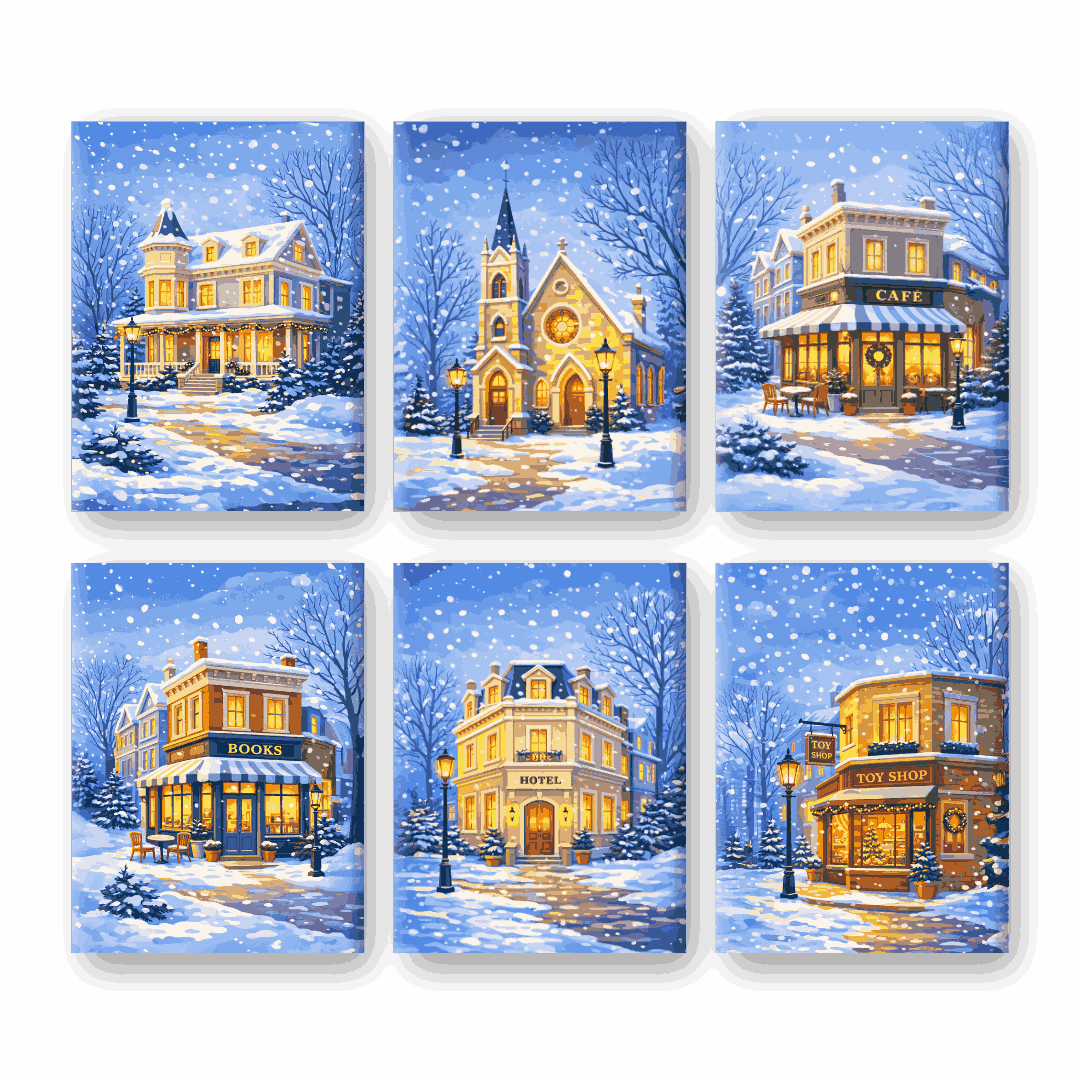 Coffret “Rue sous la neige” – 6 peintures par numéro