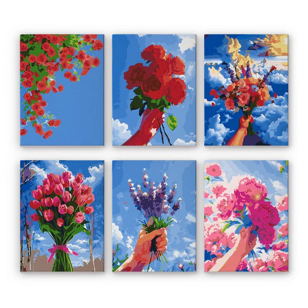 Coffret “Fleurs au ciel” – 6 peintures par numéro