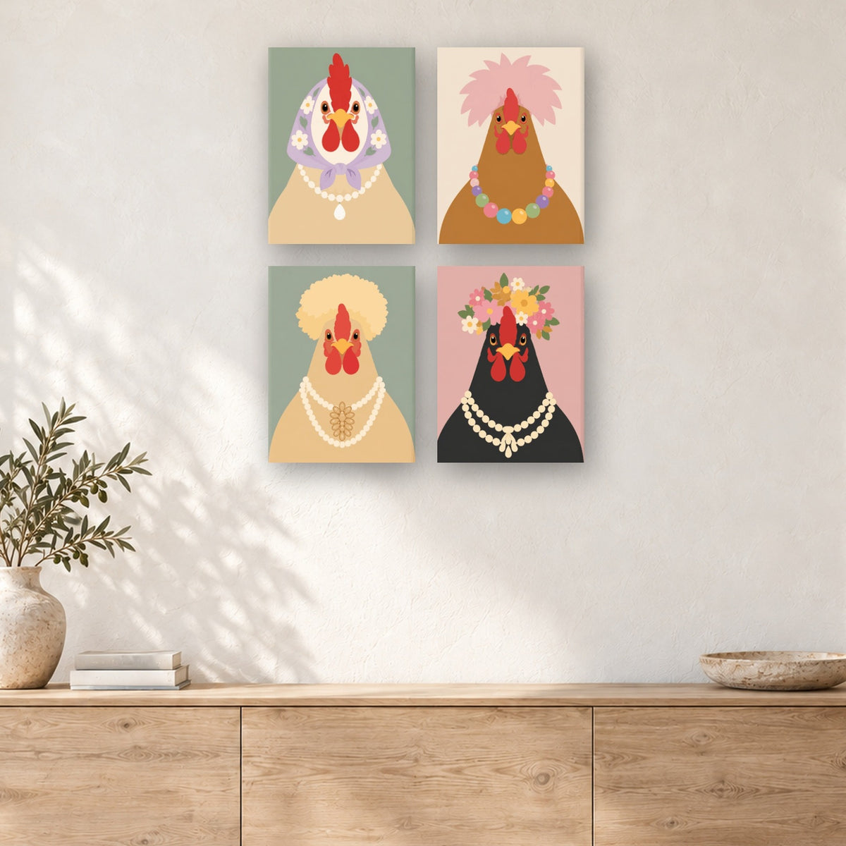 Coffret de 4 peintures par numéro Poules Élégantes, mini-toiles présentées au mur, Maison Artsen