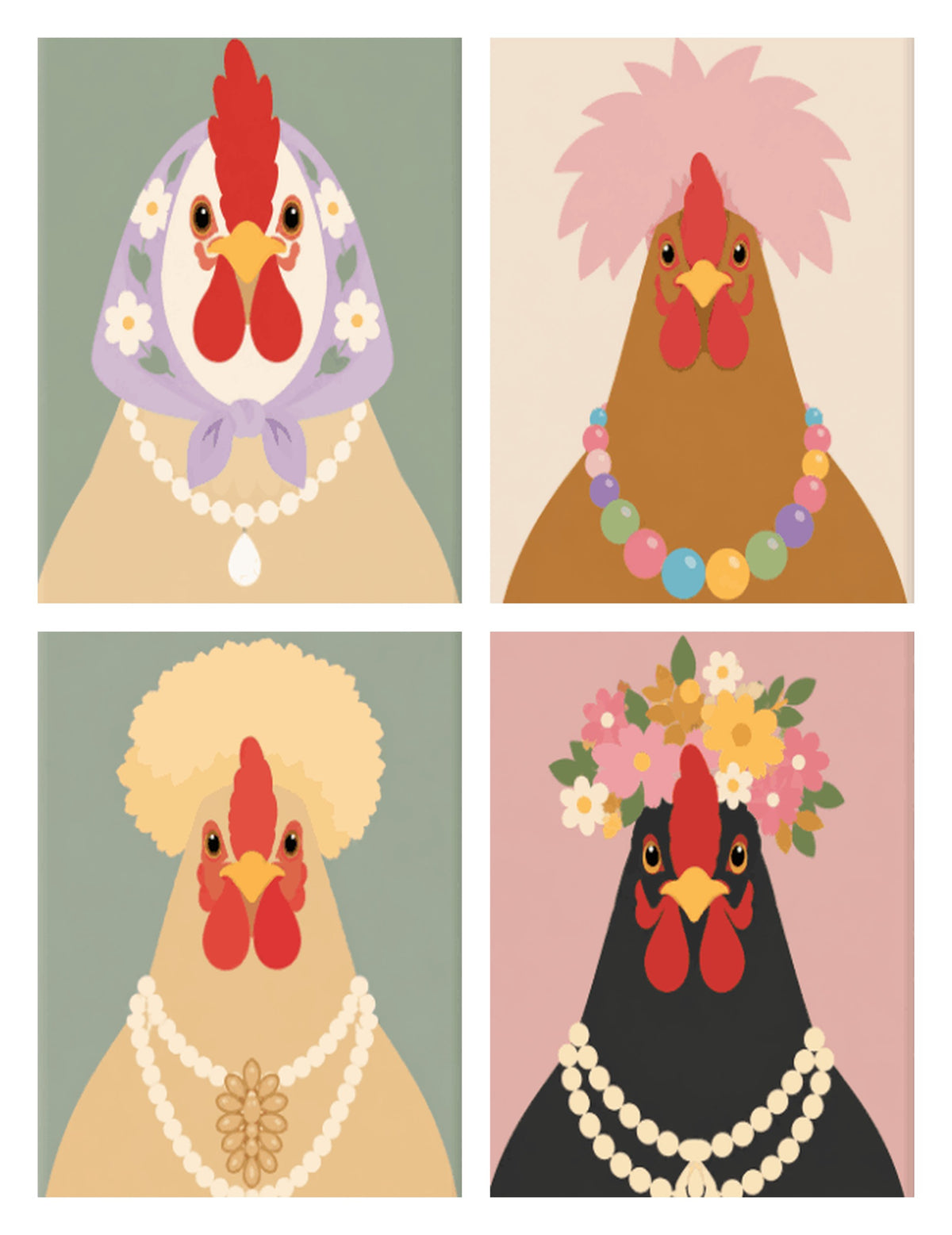Coffret de 4 peintures par numéro Poules Élégantes, les mini-toiles à plat, Maison Artsen