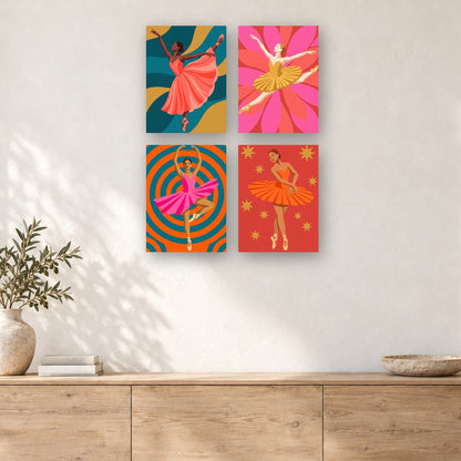 Coffret de 4 peintures par numéro Danseuses Colorées, mini-toiles présentées au mur, Maison Artsen