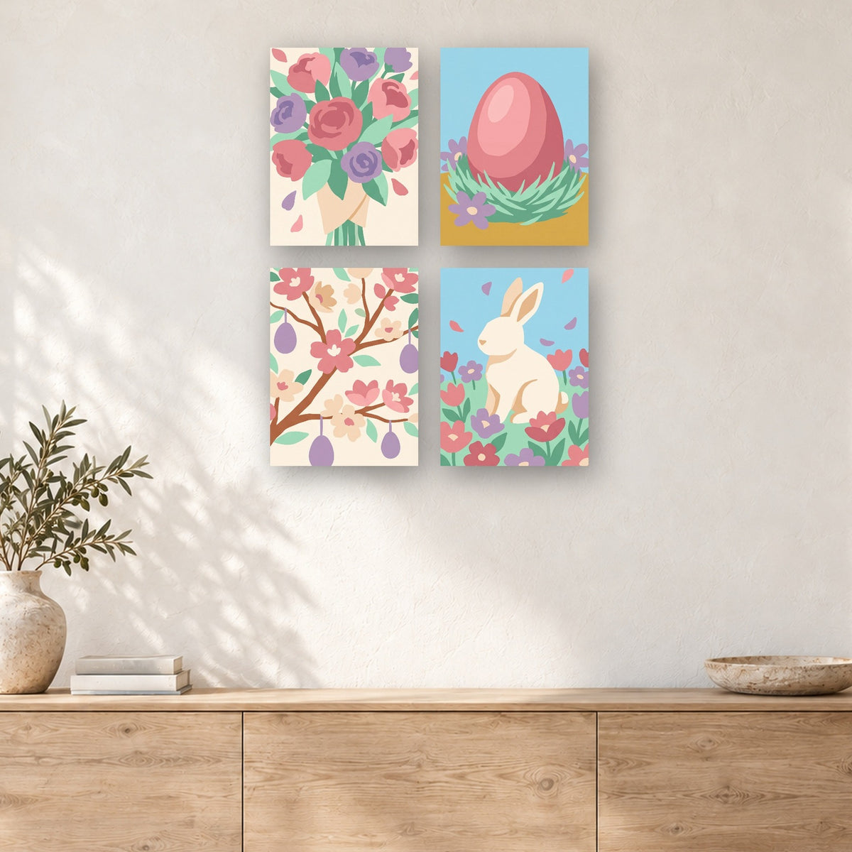 Coffret de 4 peintures par numéro Douceurs de Pâques, mini-toiles présentées au mur, Maison Artsen