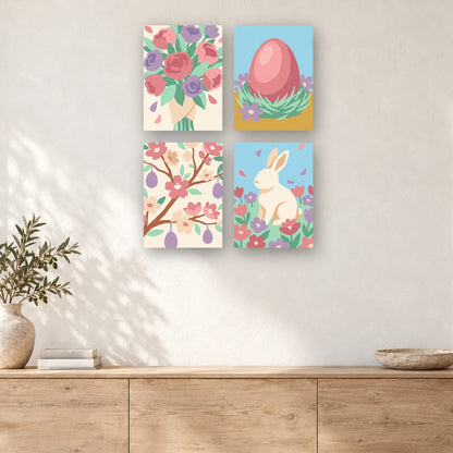 Coffret de 4 peintures par numéro Douceurs de Pâques, mini-toiles présentées au mur, Maison Artsen
