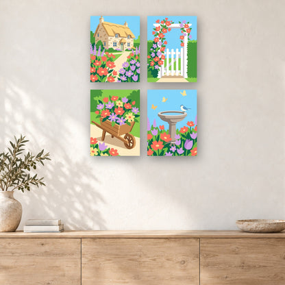 Coffret de 4 peintures par numéro Jardin en Fleurs, mini-toiles présentées au mur, Maison Artsen