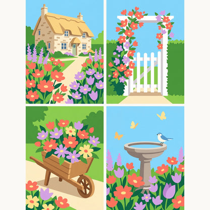 Coffret de 4 peintures par numéro Jardin en Fleurs, les mini-toiles à plat, Maison Artsen