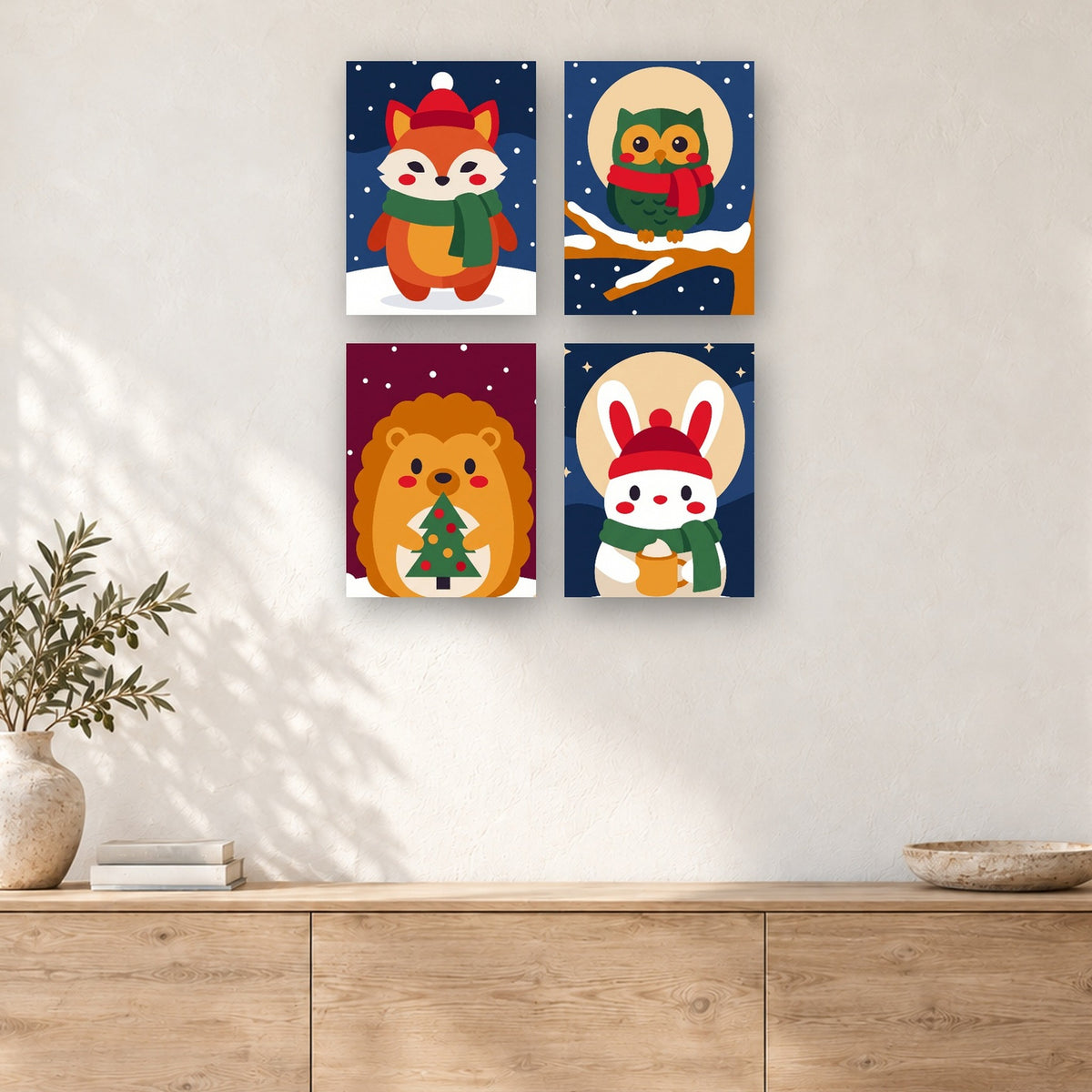 Coffret de 4 peintures par numéro Amis des Bois en Hiver, mini-toiles présentées au mur, Maison Artsen