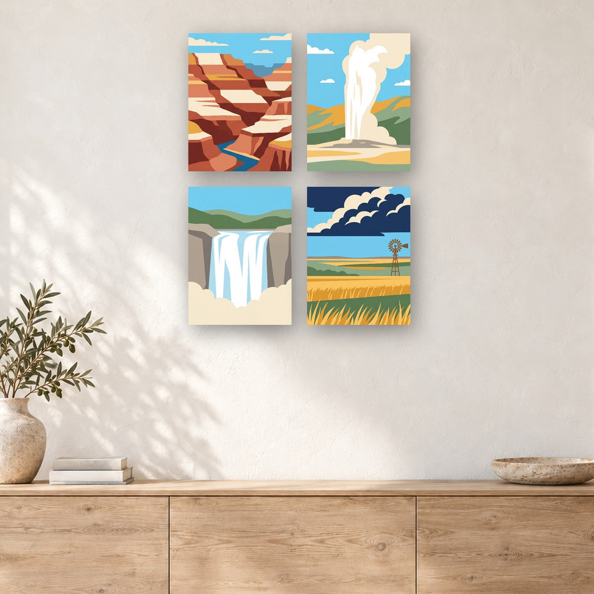 Coffret de 4 peintures par numéro Parcs Naturels, mini-toiles présentées au mur, Maison Artsen