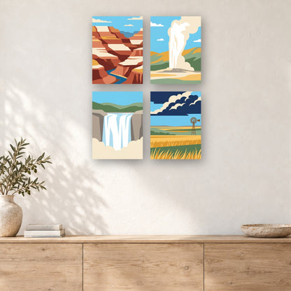 Coffret de 4 peintures par numéro Parcs Naturels, mini-toiles présentées au mur, Maison Artsen