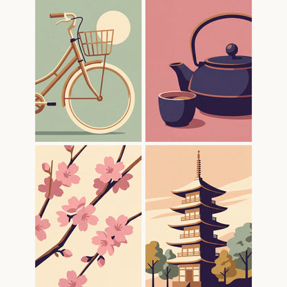 Coffret de 4 peintures par numéro Esprit du Japon, les mini-toiles à plat, Maison Artsen