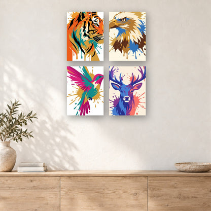 Coffret de 4 peintures par numéro Animaux à l'Aquarelle, mini-toiles présentées au mur, Maison Artsen