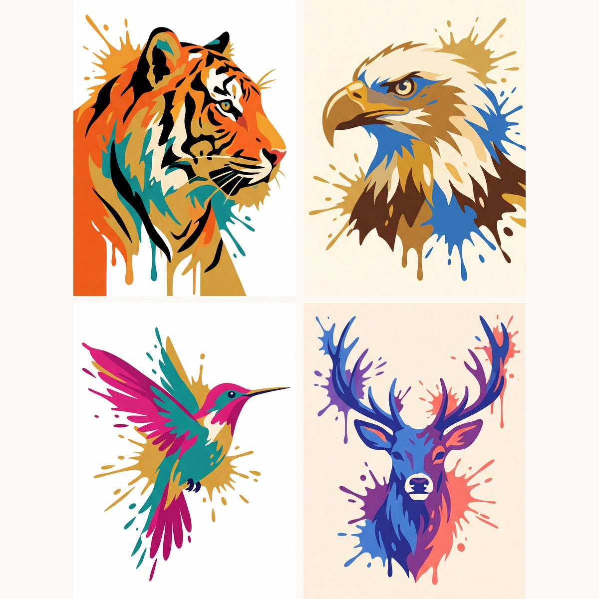 Coffret de 4 peintures par numéro Animaux à l'Aquarelle, les mini-toiles à plat, Maison Artsen