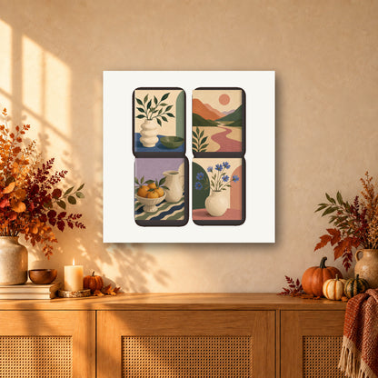 Coffret de 4 peintures par numéro Vases et Collines Douces, mini-toiles présentées au mur, Maison Artsen