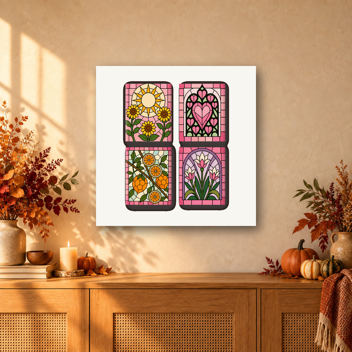 Coffret de 4 peintures par numéro Vitraux Fleuris, mini-toiles présentées au mur, Maison Artsen