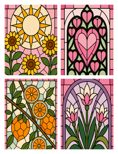 Coffret de 4 peintures par numéro Vitraux Fleuris, les mini-toiles à plat, Maison Artsen