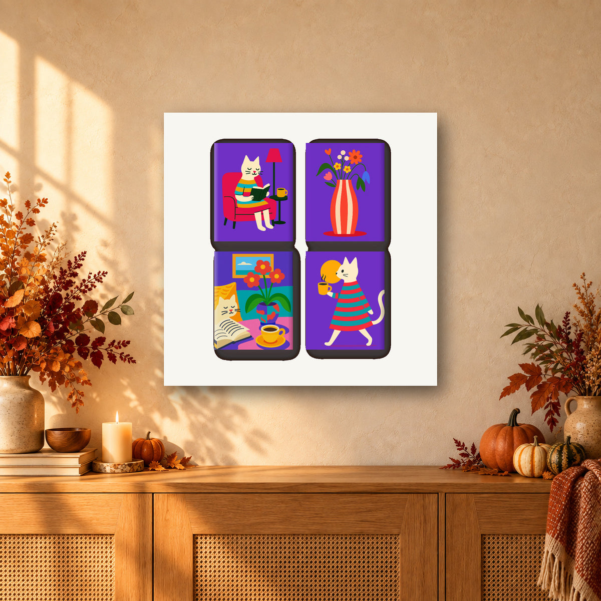Coffret de 4 peintures par numéro Chats au Chaud, mini-toiles présentées au mur, Maison Artsen