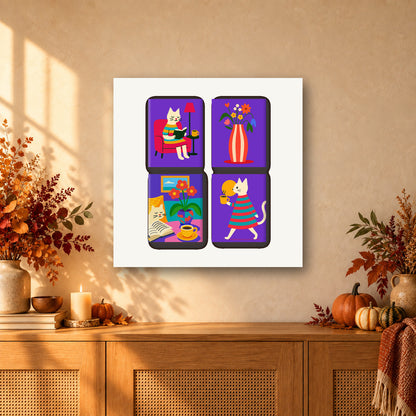 Coffret de 4 peintures par numéro Chats au Chaud, mini-toiles présentées au mur, Maison Artsen