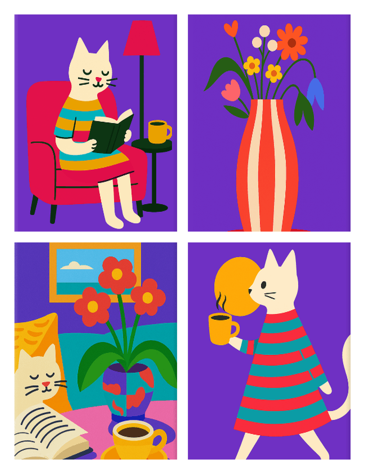 Coffret de 4 peintures par numéro Chats au Chaud, les mini-toiles à plat, Maison Artsen