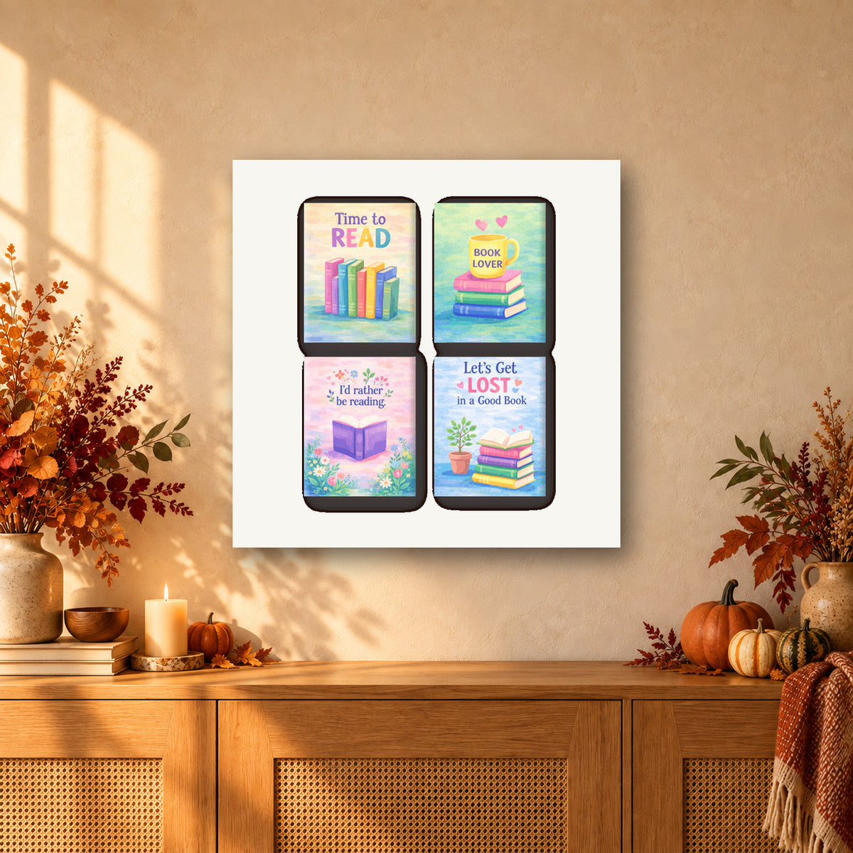 Coffret de 4 peintures par numéro Bibliothèque Pop, mini-toiles présentées au mur, Maison Artsen
