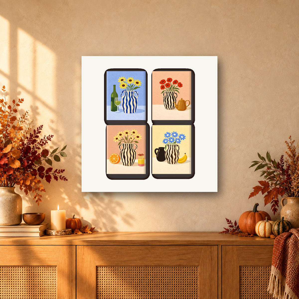 Coffret de 4 peintures par numéro Vases Fleuris, mini-toiles présentées au mur, Maison Artsen