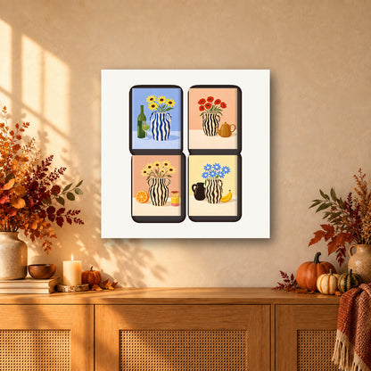 Coffret de 4 peintures par numéro Vases Fleuris, mini-toiles présentées au mur, Maison Artsen