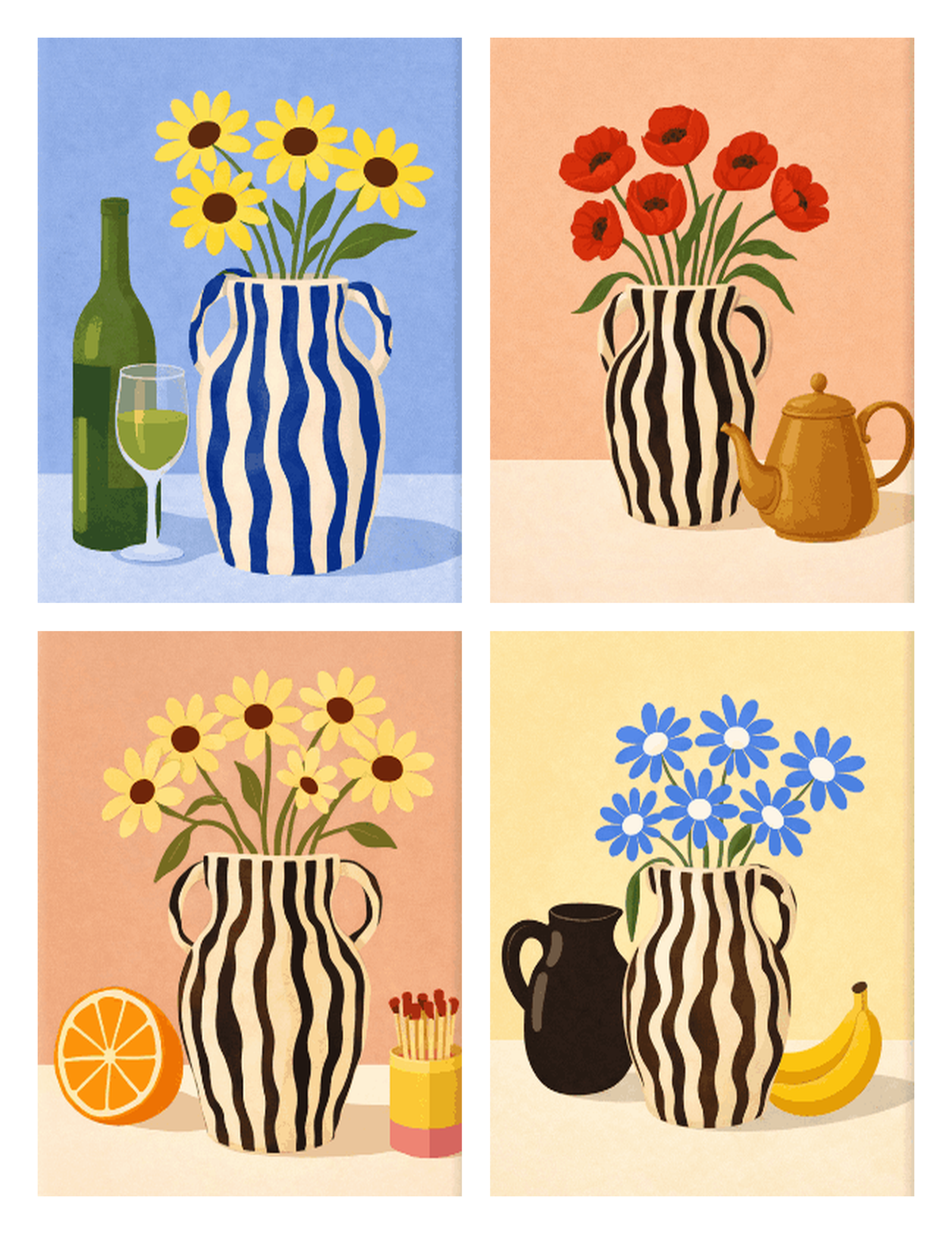 Coffret de 4 peintures par numéro Vases Fleuris, les mini-toiles à plat, Maison Artsen