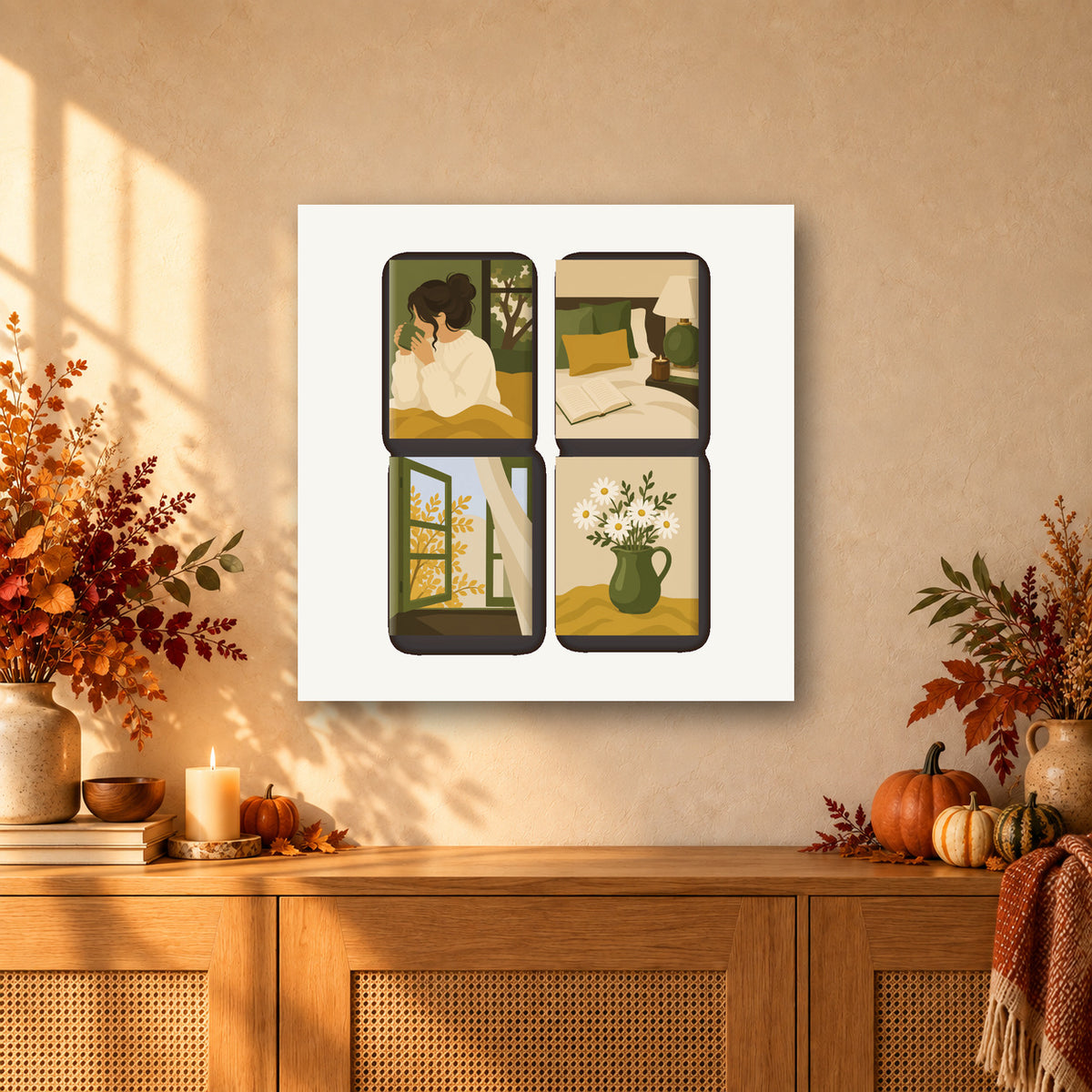 Coffret de 4 peintures par numéro Fenêtre Dorée, mini-toiles présentées au mur, Maison Artsen