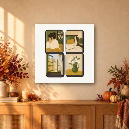 Coffret de 4 peintures par numéro Fenêtre Dorée, mini-toiles présentées au mur, Maison Artsen