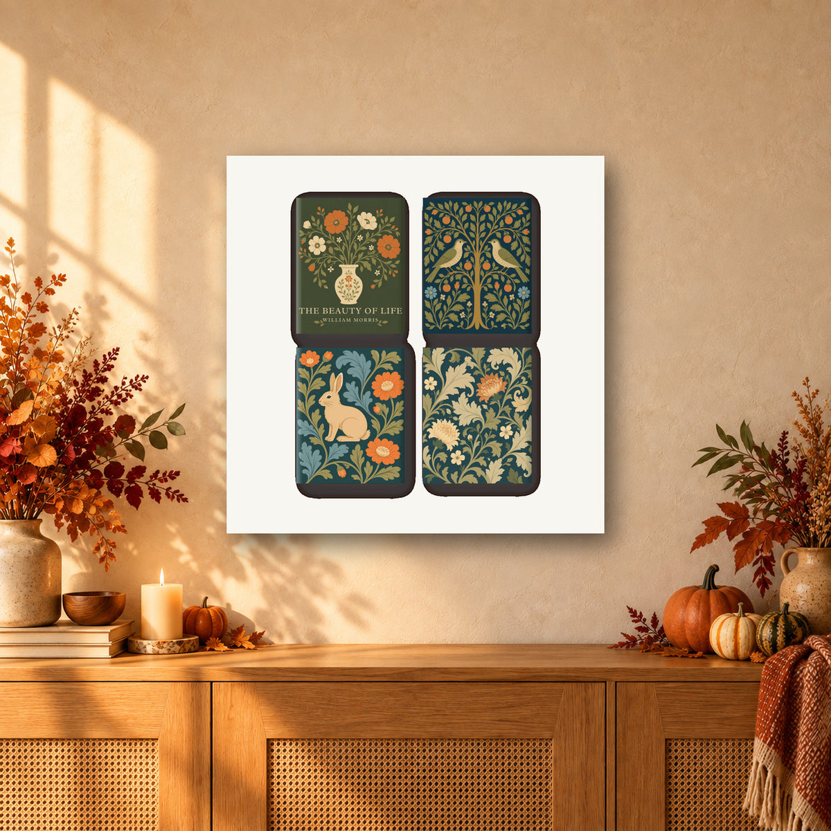Coffret de 4 peintures par numéro Tapisserie du Jardin, mini-toiles présentées au mur, Maison Artsen