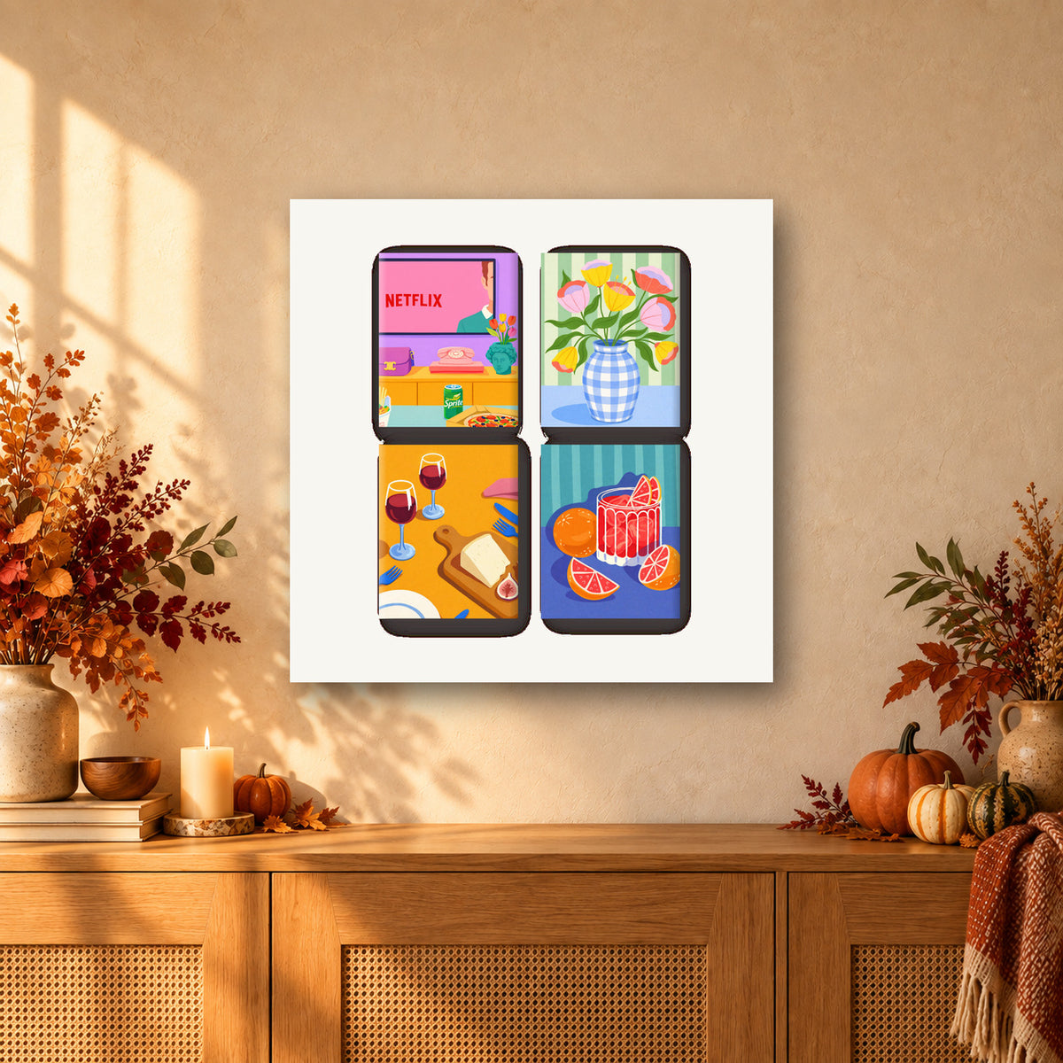 Coffret de 4 peintures par numéro Moments Douillets, mini-toiles présentées au mur, Maison Artsen