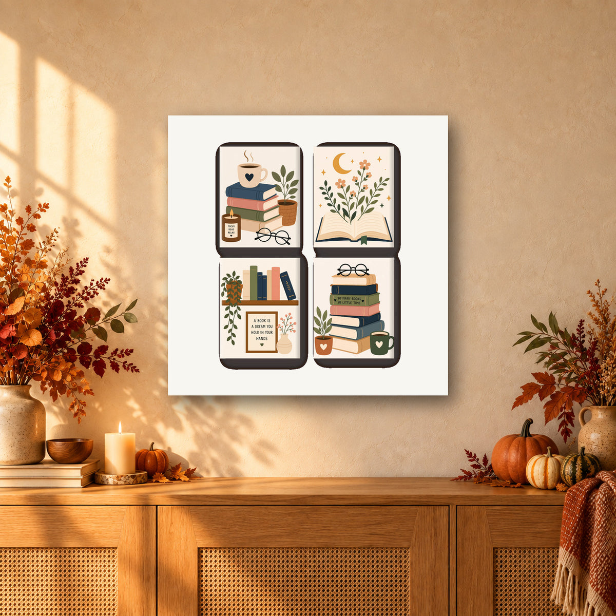 Coffret de 4 peintures par numéro Amoureux des Livres, mini-toiles présentées au mur, Maison Artsen