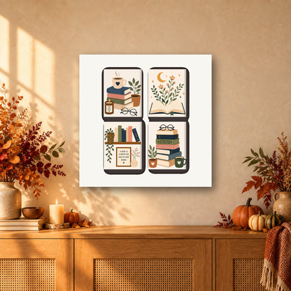 Coffret de 4 peintures par numéro Amoureux des Livres, mini-toiles présentées au mur, Maison Artsen