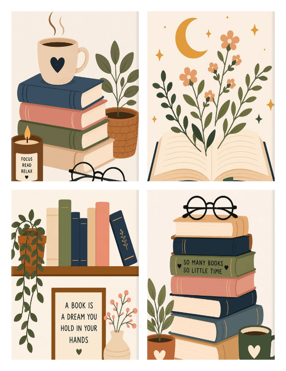 Coffret de 4 peintures par numéro Amoureux des Livres, les mini-toiles à plat, Maison Artsen